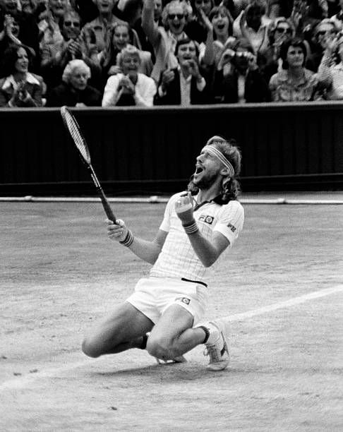 Sweden Bjorn Borg on practice court before Mens Final match at All