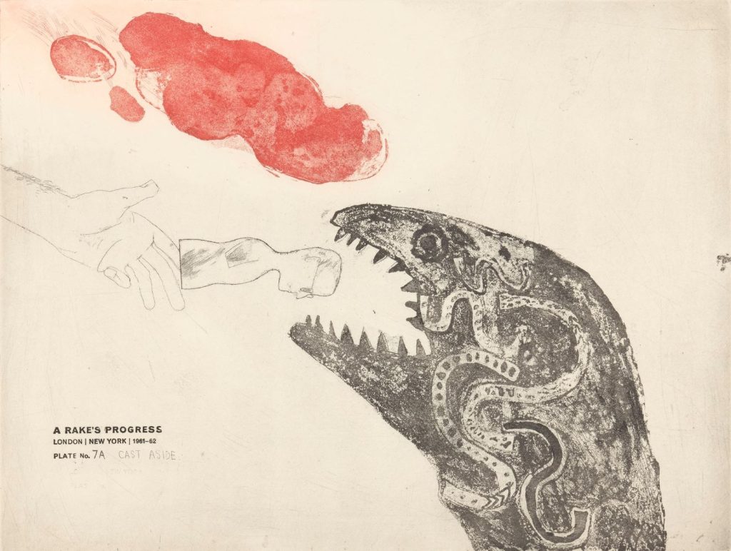Izložba godine: DAVID HOCKNEY u Muzeju savremene umetnosti Beograda 9 Foto 3 Dejvid Hokni „Odbaceno iz „Razvratnikovog napretka 1961–1963 Brokopis akvatinta 49.53 x 62.23 cm Kolekcija Britanskog saveta © David Hockney